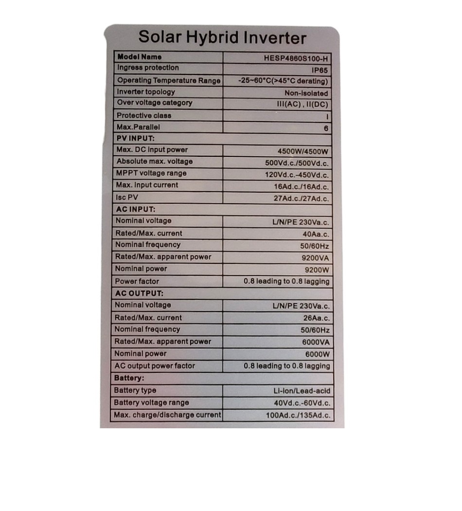 SOLAR INVERSOR HIBRIDO 6000W HESP4860S100-H 48V 230V 100A - Imagen 2